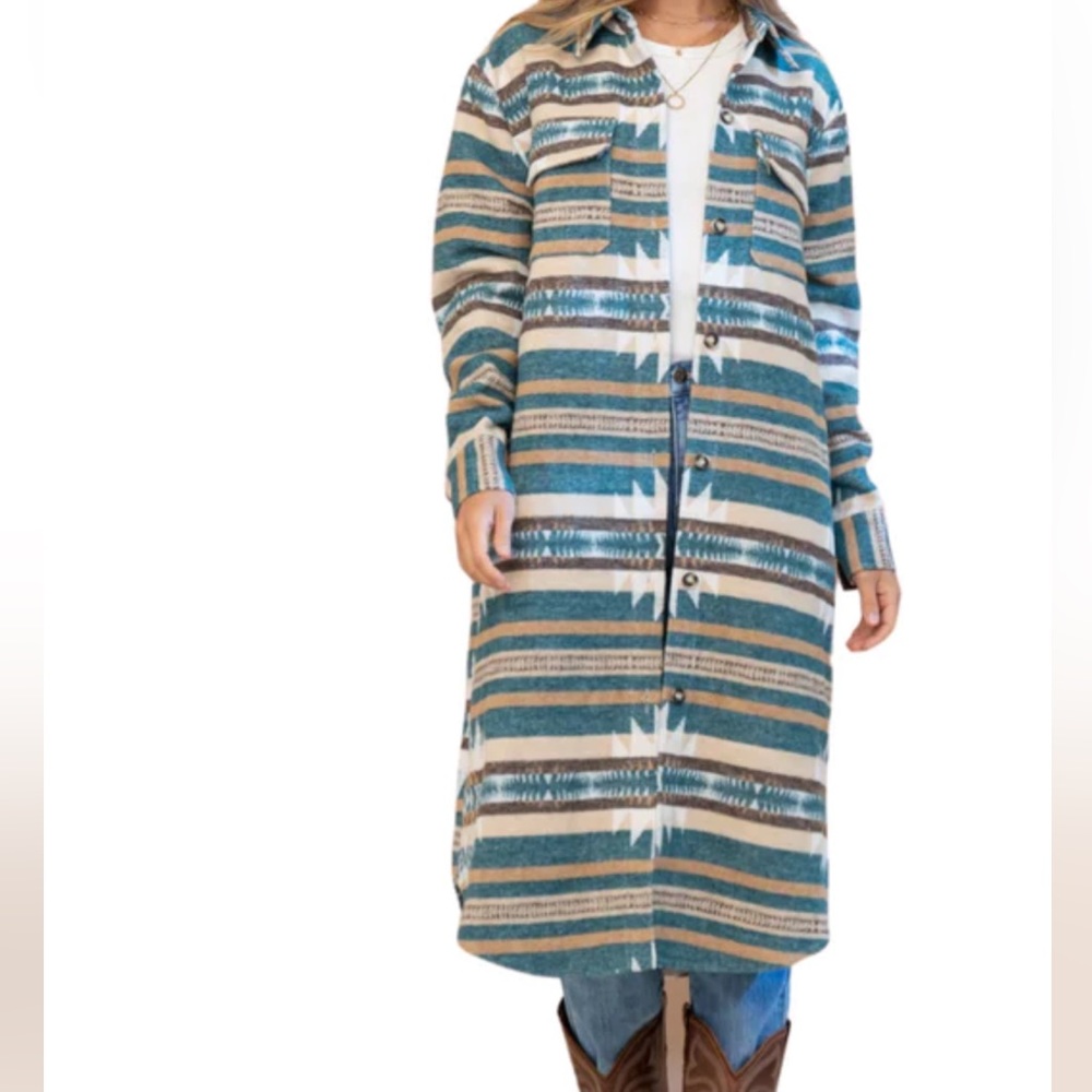 LONG AZTEC BUTTON DOWN SHIRT DRESS JACKET